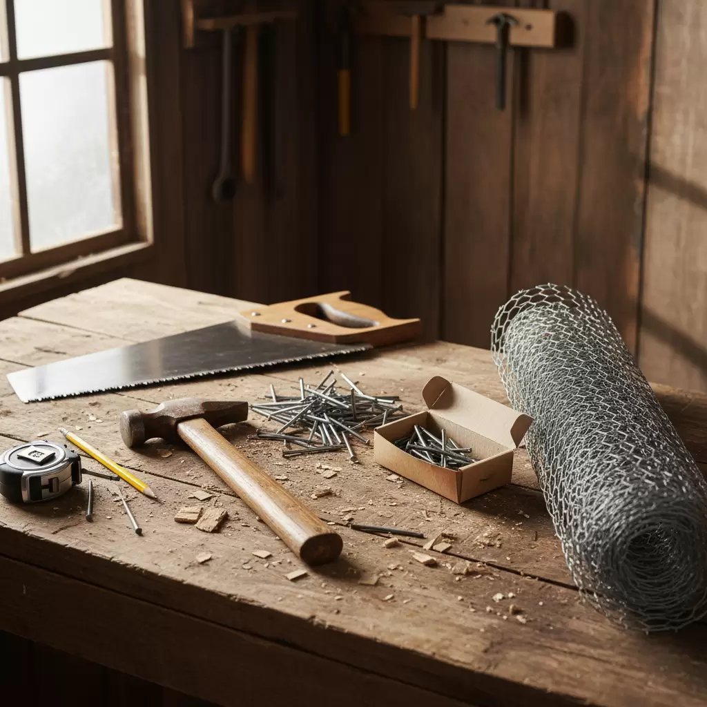 gemini_image_1768378573-1 Các dụng cụ cơ bản cần thiết để tự làm chuồng gà tại nhà