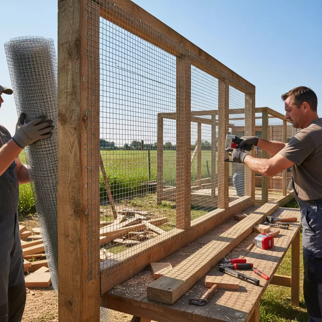 gemini_image_1768378574 Hoàn thiện phần lưới bao quanh để đảm bảo an toàn cho đàn gà