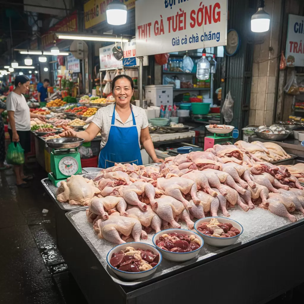 gemini_image_1768379175 Thịt gà tươi sống được phân loại và niêm yết giá tại các điểm bán lẻ