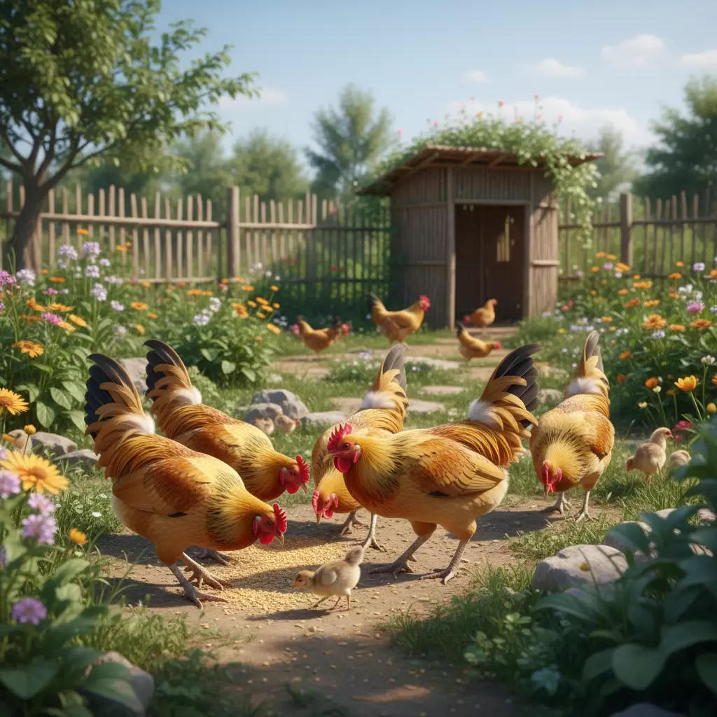 gemini_image_1768380648 Đàn gà phát triển khỏe mạnh và mượt lông nhờ phương pháp chăn nuôi tự nhiên