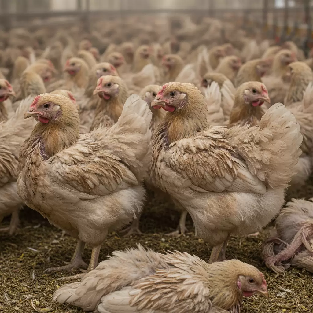 Đàn gà biểu hiện ủ rũ xù lông và giảm ăn rõ rệt khi mắc bệnh Gumboro