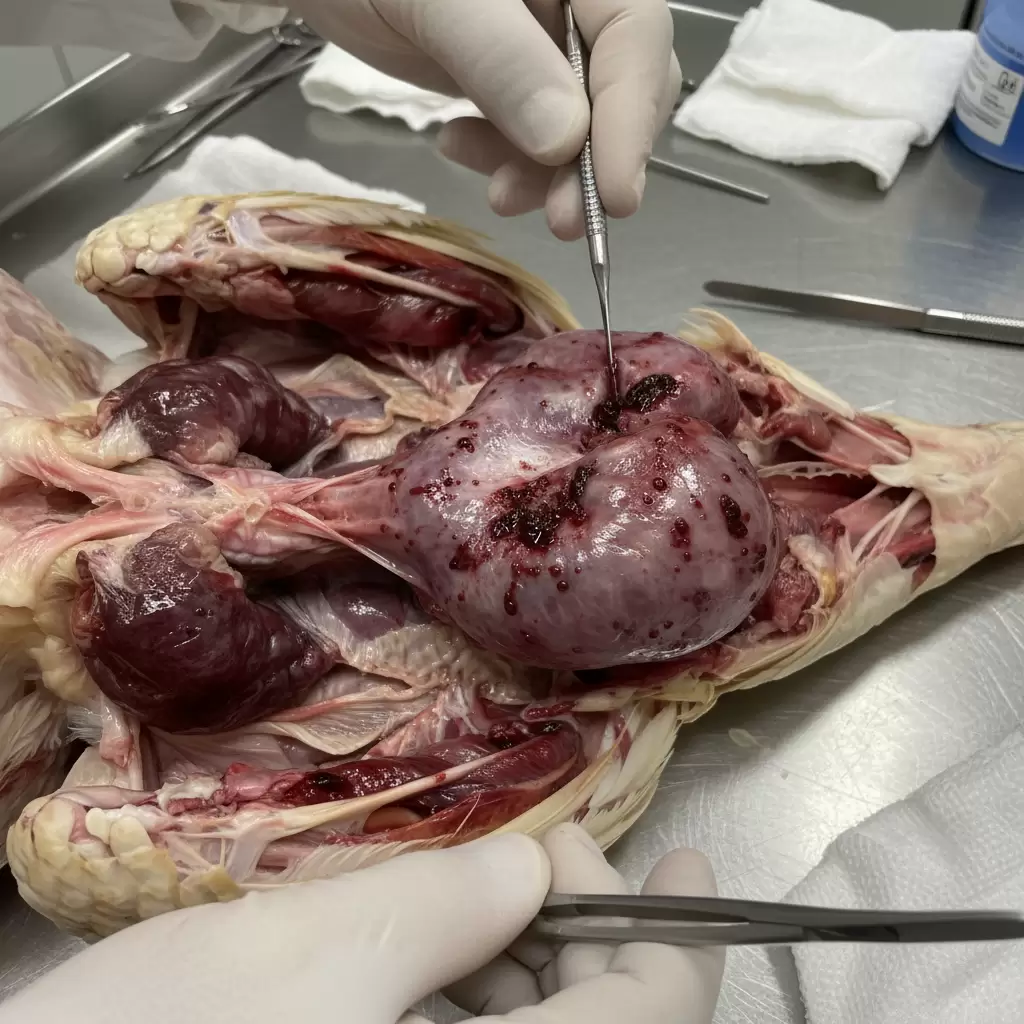 Bệnh tích đặc trưng với túi Fabricius sưng to và xuất huyết vệt trên cơ đùi