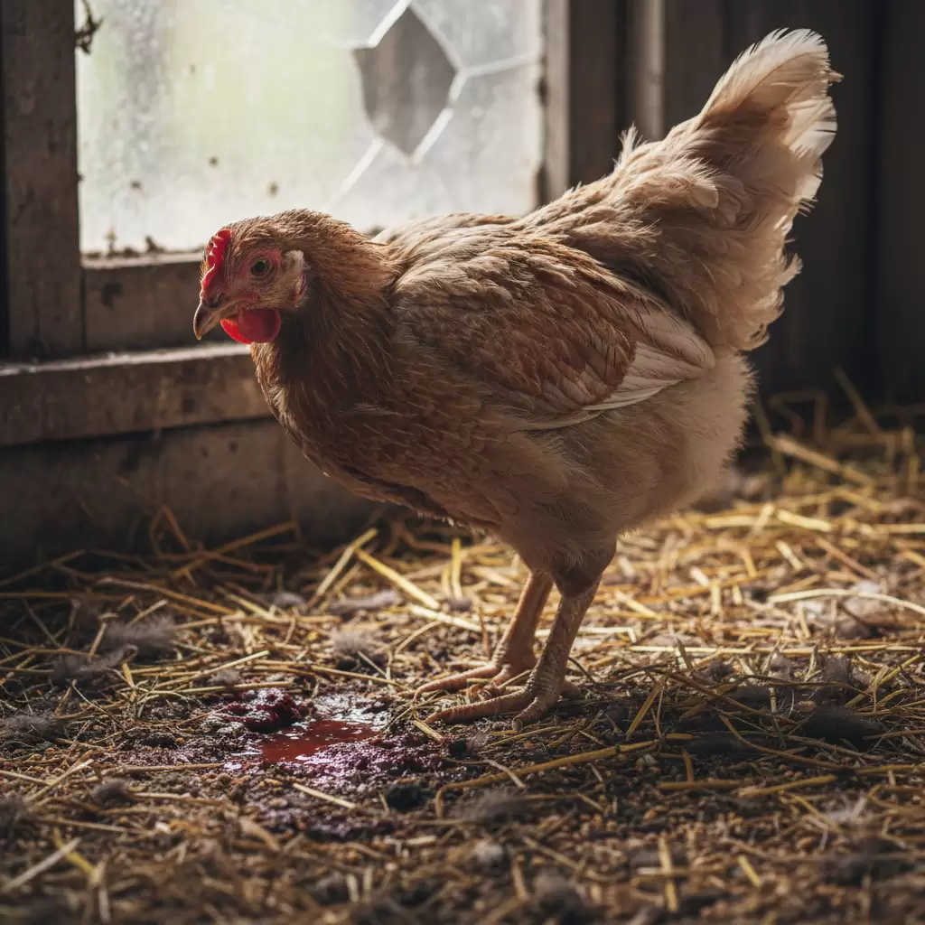 Triệu chứng gà bị bệnh cầu trùng thường ủ rũ xệ cánh và đi ngoài ra phân máu