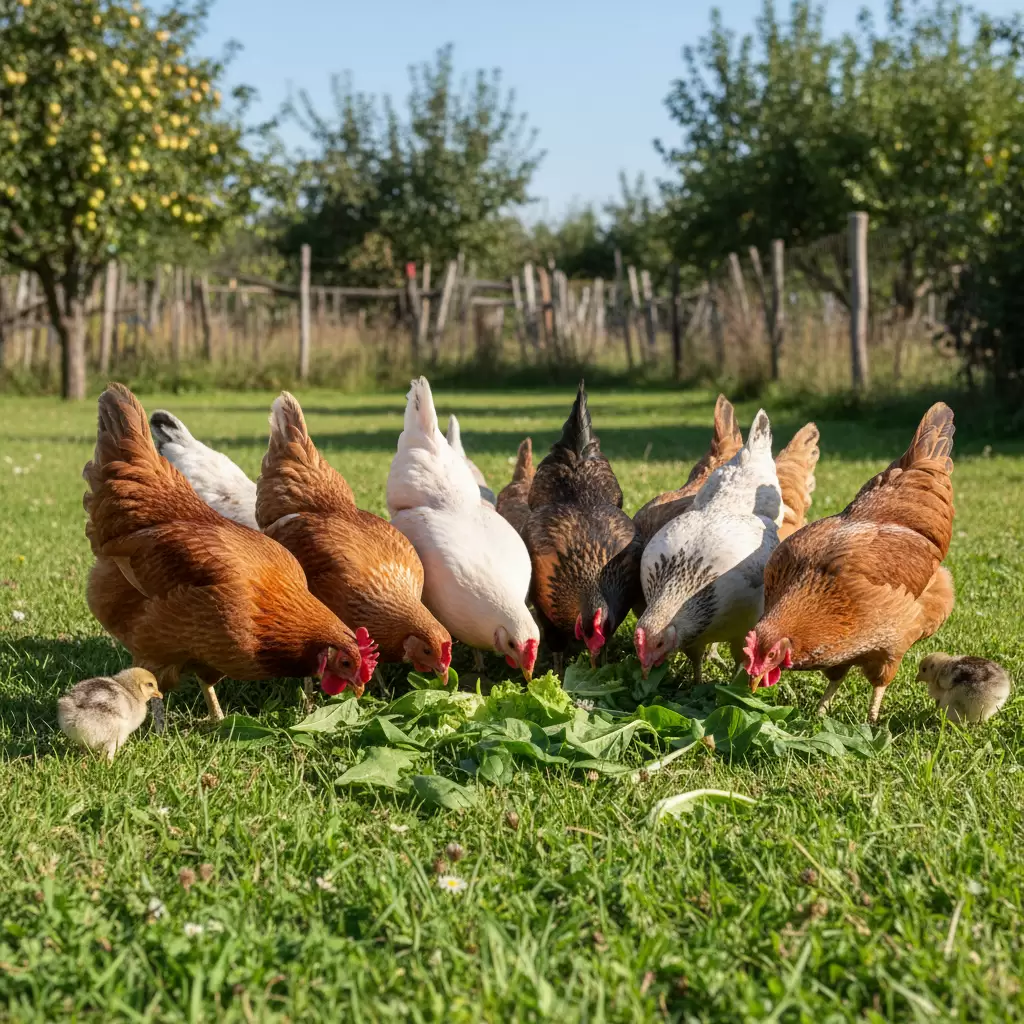 gemini_image_1768387827 Bổ sung rau xanh là yếu tố then chốt giúp gà thả vườn phát triển toàn diện