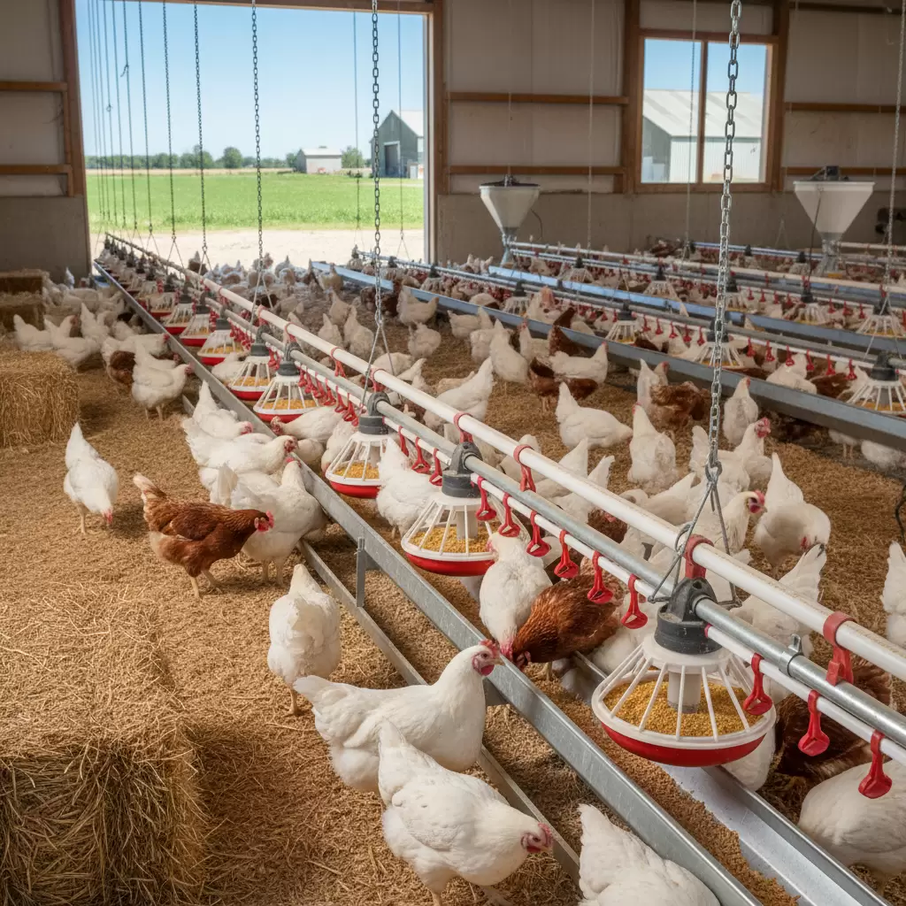 gemini_image_1768388373 Hệ thống máng ăn và máng uống tự động giúp tối ưu hóa quy trình chăn nuôi gà