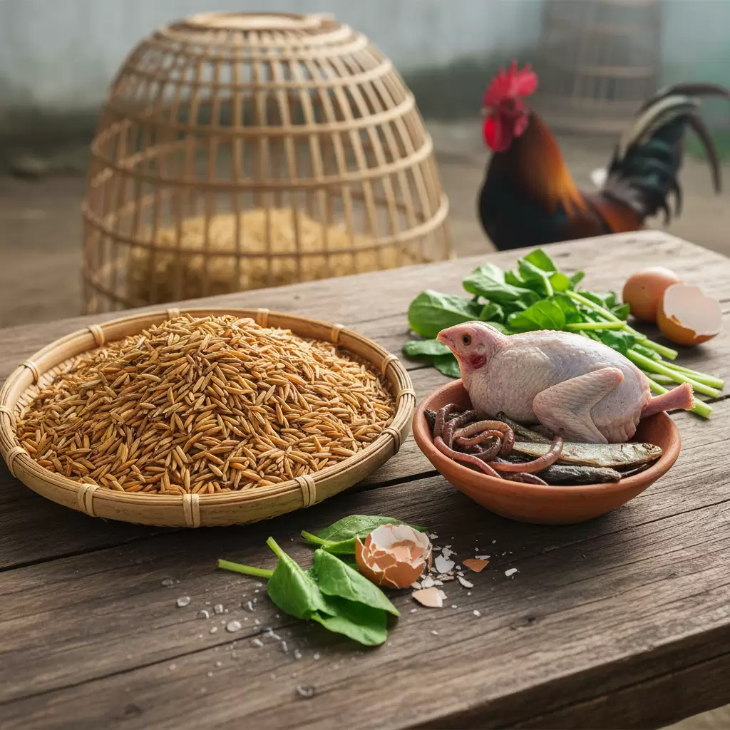 gemini_image_1768388838 Chế độ dinh dưỡng đa dạng kết hợp giữa thóc và mồi tươi giúp gà phát triển toàn diện