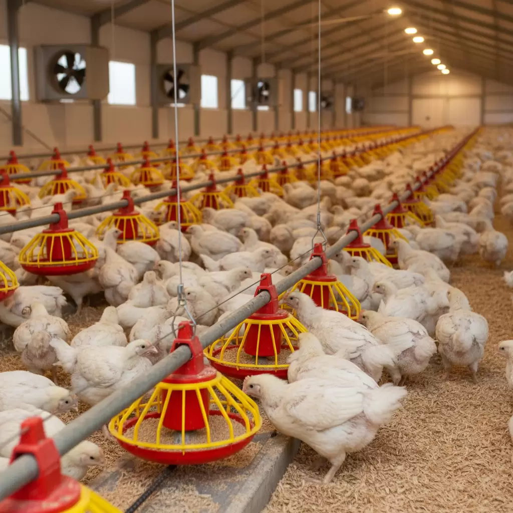gemini_image_1768389332 Hệ thống cung cấp thức ăn tự động giúp gà tiếp cận dinh dưỡng liên tục
