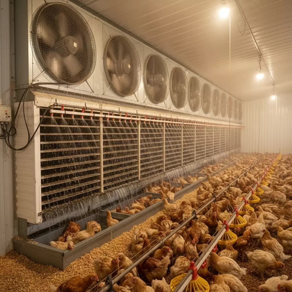 gemini_image_1768390433 Hệ thống thông gió và làm mát đóng vai trò then chốt trong việc duy trì nhiệt độ chuồng nuôi