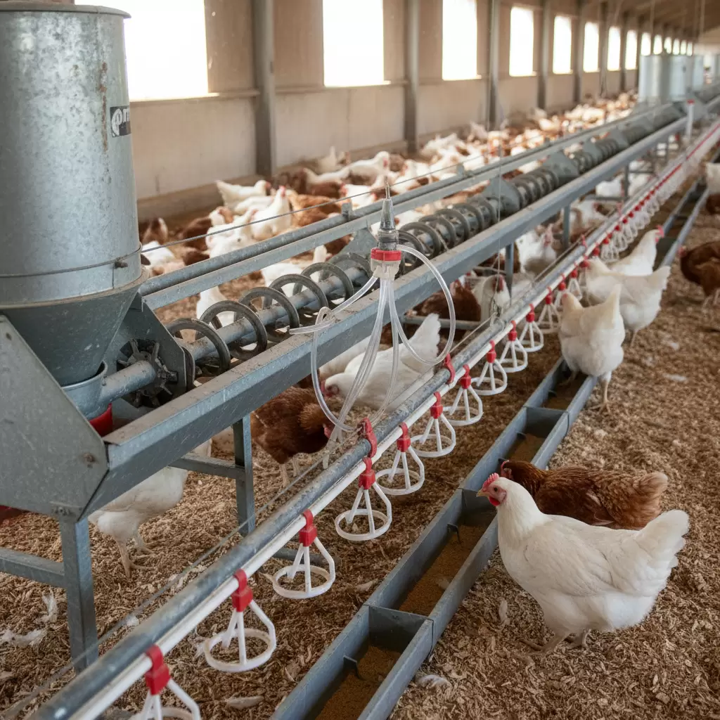 gemini_image_1768390434 Ứng dụng công nghệ tự động hóa trong việc cung cấp thức ăn và nước uống cho đàn gà