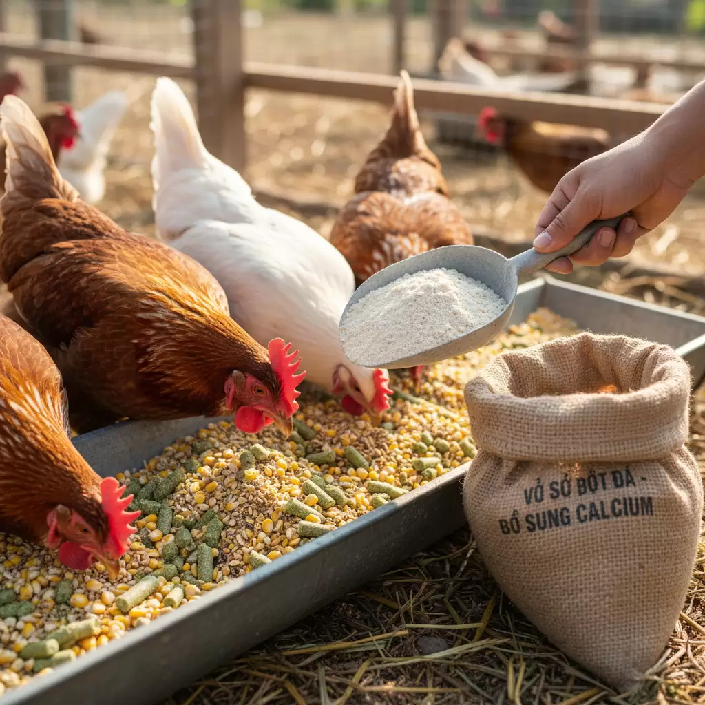 gemini_image_1768390637 Sử dụng vỏ sò và bột đá giúp cung cấp nguồn canxi dồi dào cho gà đẻ