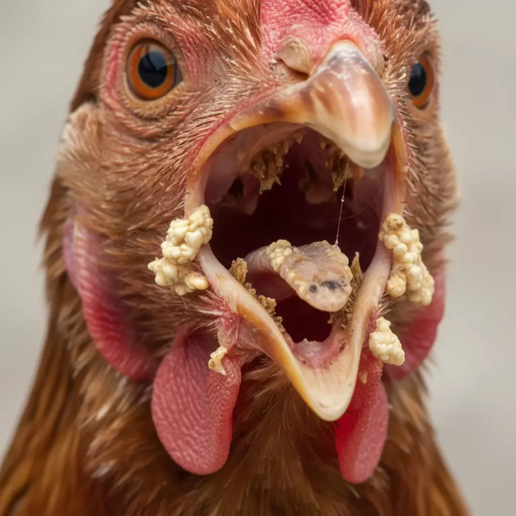 Dấu hiệu bệnh đậu gà thể niêm mạc gây khó khăn trong việc ăn uống và hô hấp