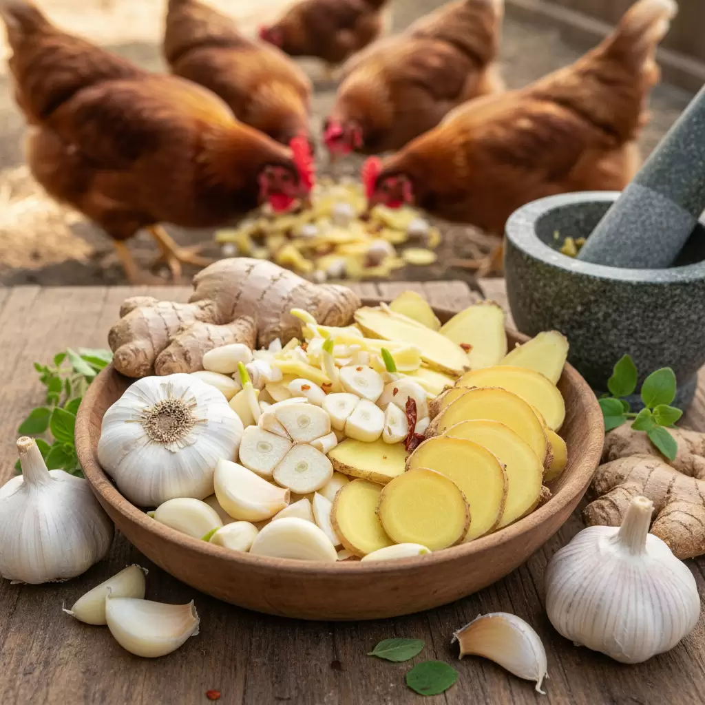 gemini_image_1768391600 Tỏi và gừng là những kháng sinh tự nhiên cực kỳ hiệu quả cho gia cầm