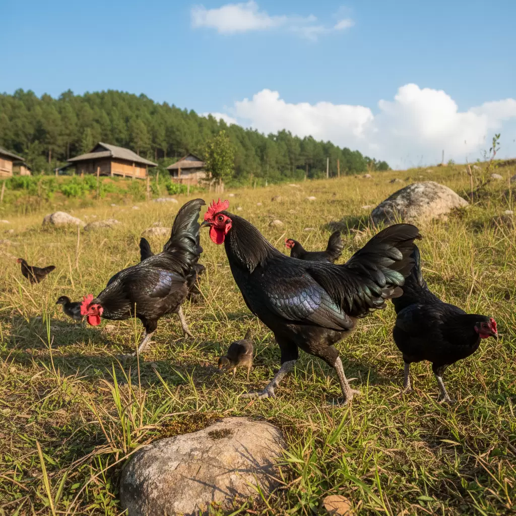 Gà HMông thuần chủng với đặc điểm đen toàn thân đặc trưng mang lại giá trị kinh tế cao