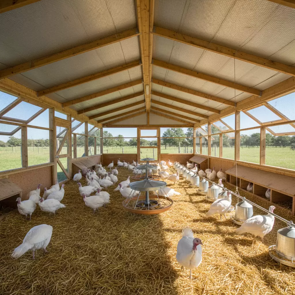gemini_image_1768393714 Thiết kế chuồng trại thông thoáng là yếu tố then chốt trong kỹ thuật nuôi gà Tây