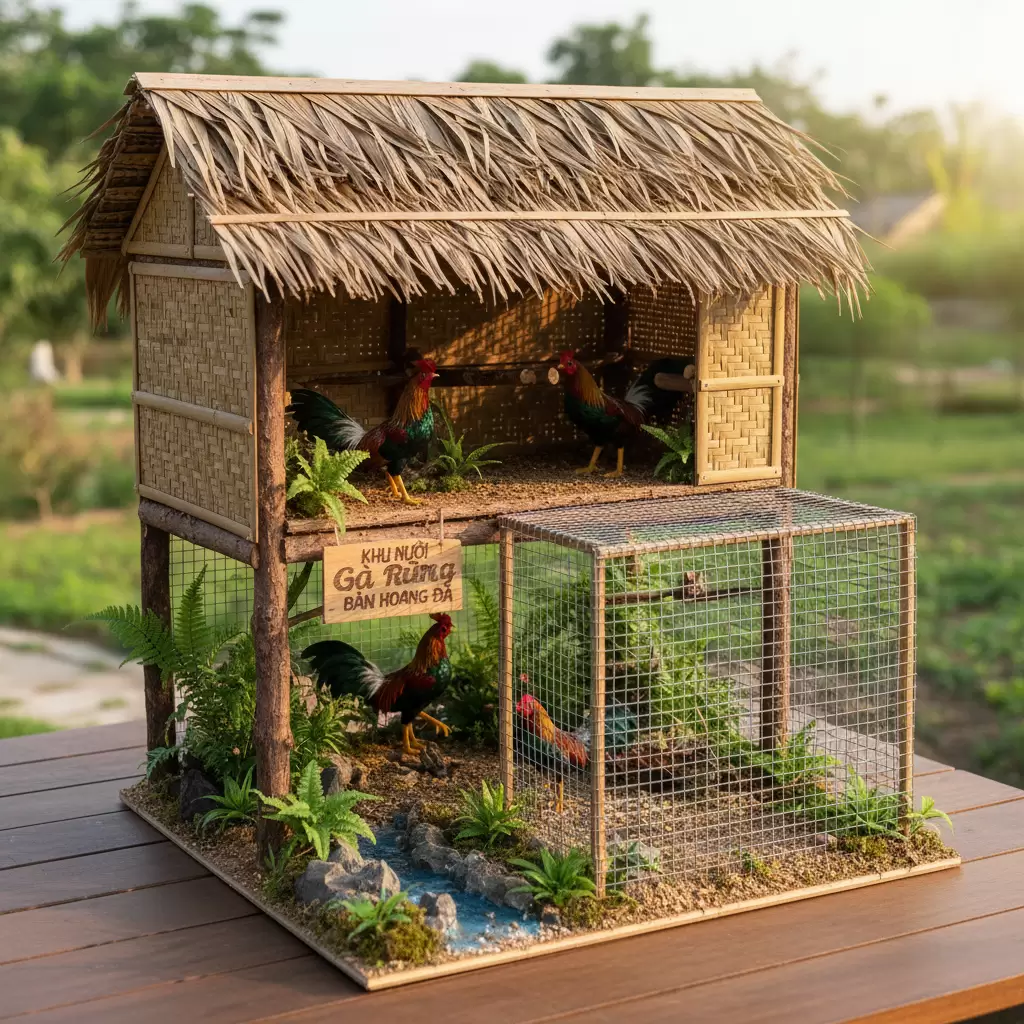 gemini_image_1768395345-1 Mô hình chuồng nuôi gà rừng mô phỏng môi trường tự nhiên