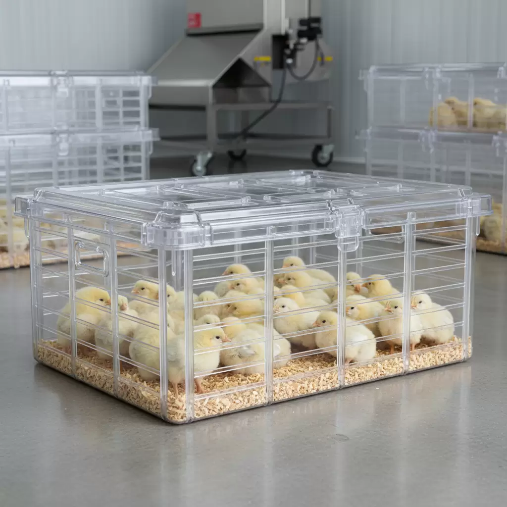 gemini_image_1768396711-1 Sử dụng lồng nhựa chuyên dụng giúp đảm bảo độ thông thoáng và an toàn cho gà giống