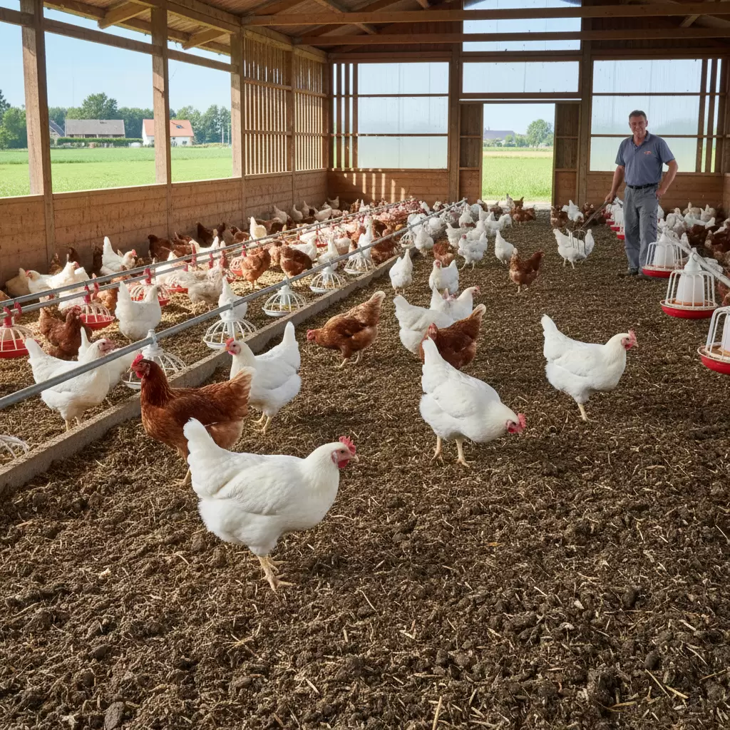 gemini_image_1768401096 Mô hình nuôi gà trên nền đệm lót sinh học giúp chuồng trại luôn khô thoáng và sạch sẽ