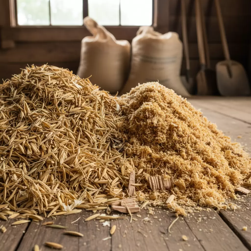 gemini_image_1768401097-1 Chuẩn bị trấu và mùn cưa sạch để làm lớp đệm lót cho chuồng gà