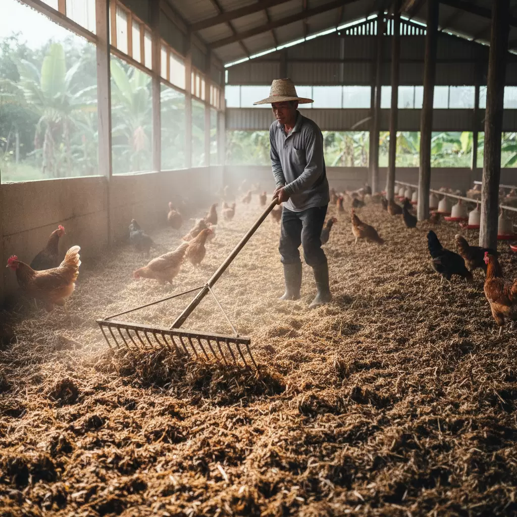 gemini_image_1768401098 Thao tác đảo đệm lót định kỳ để đảm bảo độ tơi xốp và thông thoáng