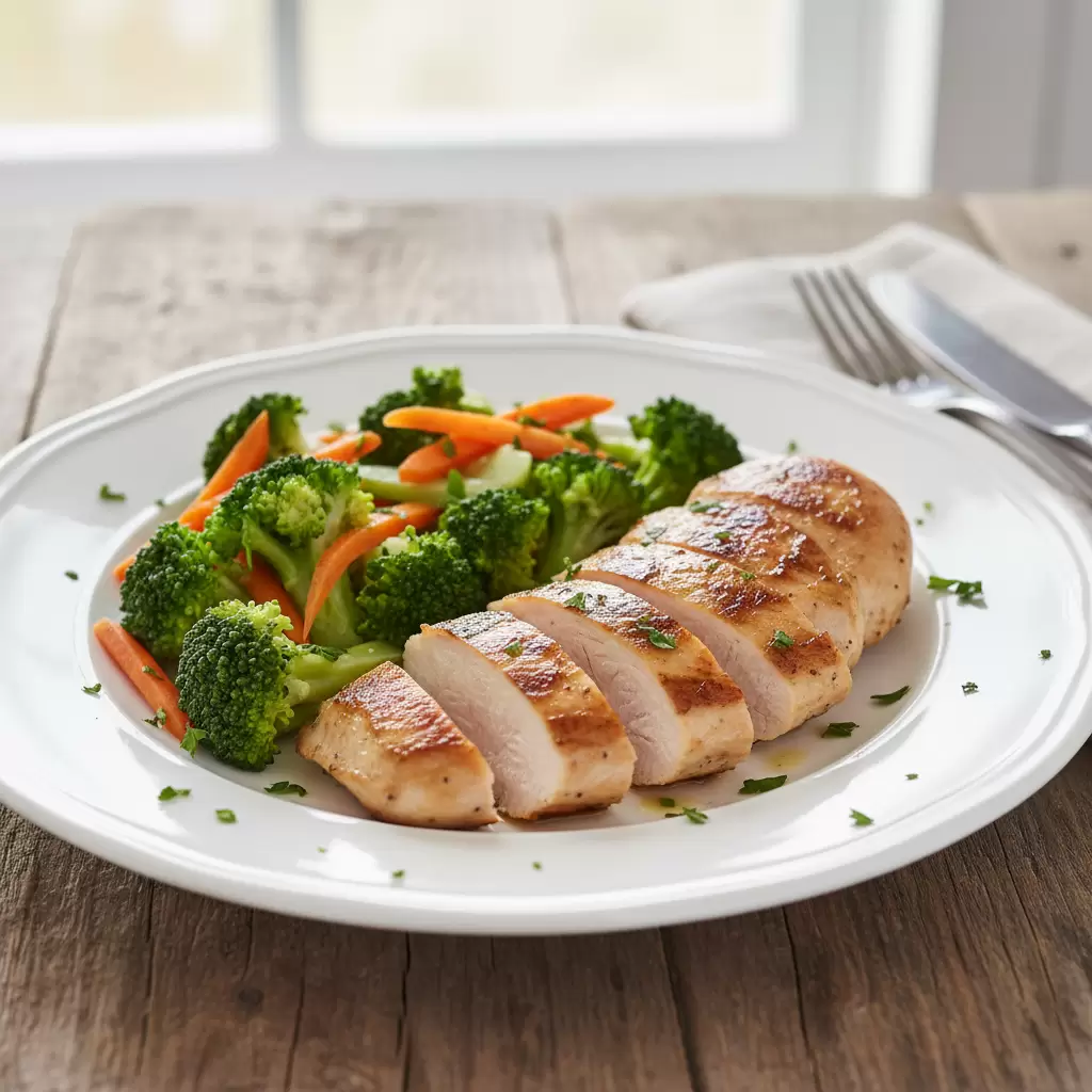 Ức gà áp chảo cùng rau củ là lựa chọn tuyệt vời cho chế độ ăn lành mạnh