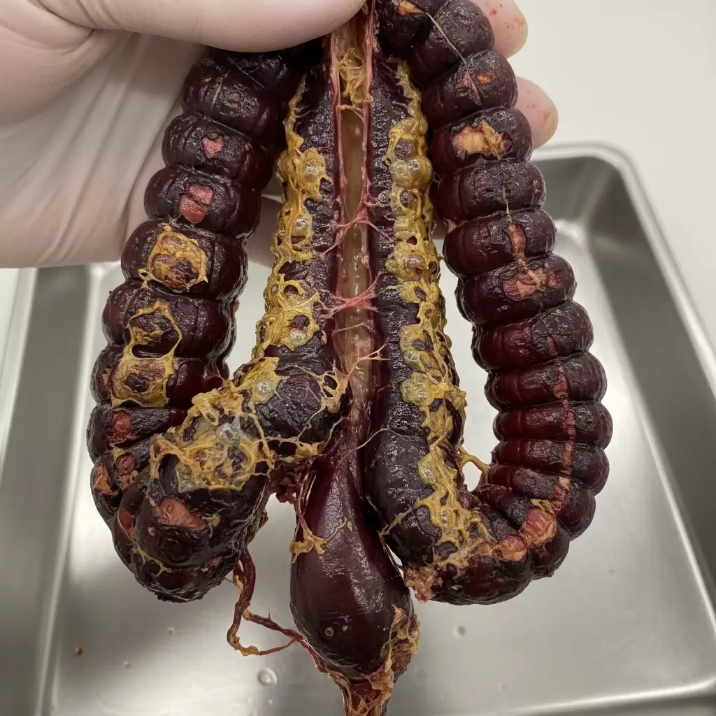 Hình ảnh bệnh tích đặc trưng của bệnh viêm ruột hoại tử trên niêm mạc ruột gà