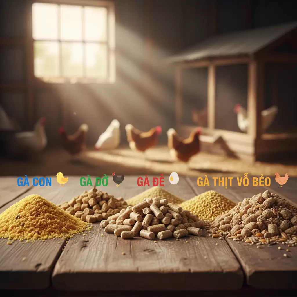 Mỗi giai đoạn phát triển của gà đòi hỏi một loại cám có kích thước và hàm lượng dinh dưỡng khác nhau