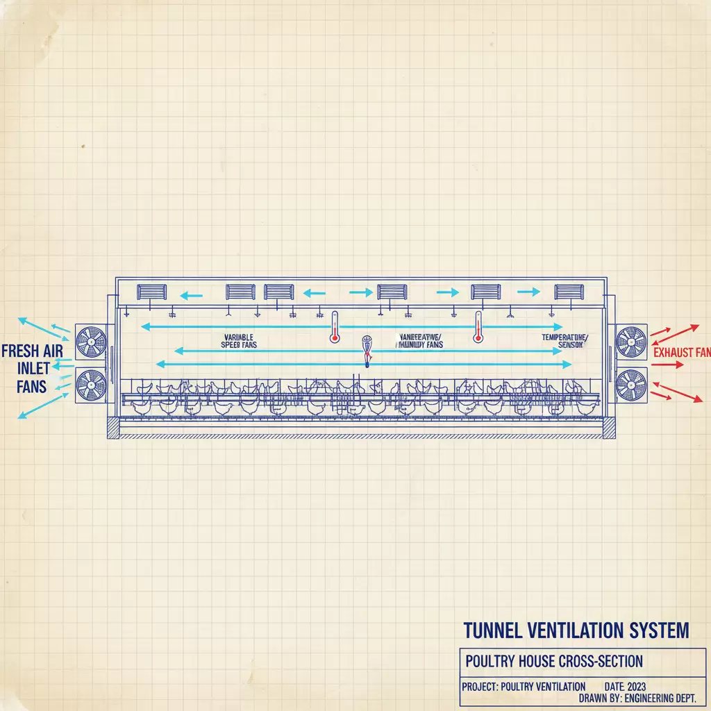 Sơ đồ kỹ thuật tính toán lưu lượng gió và bố trí thiết bị trong chuồng gà