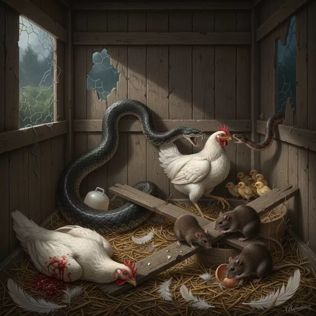 Mối nguy hại từ rắn và chuột đối với đàn gà trong chuồng nuôi