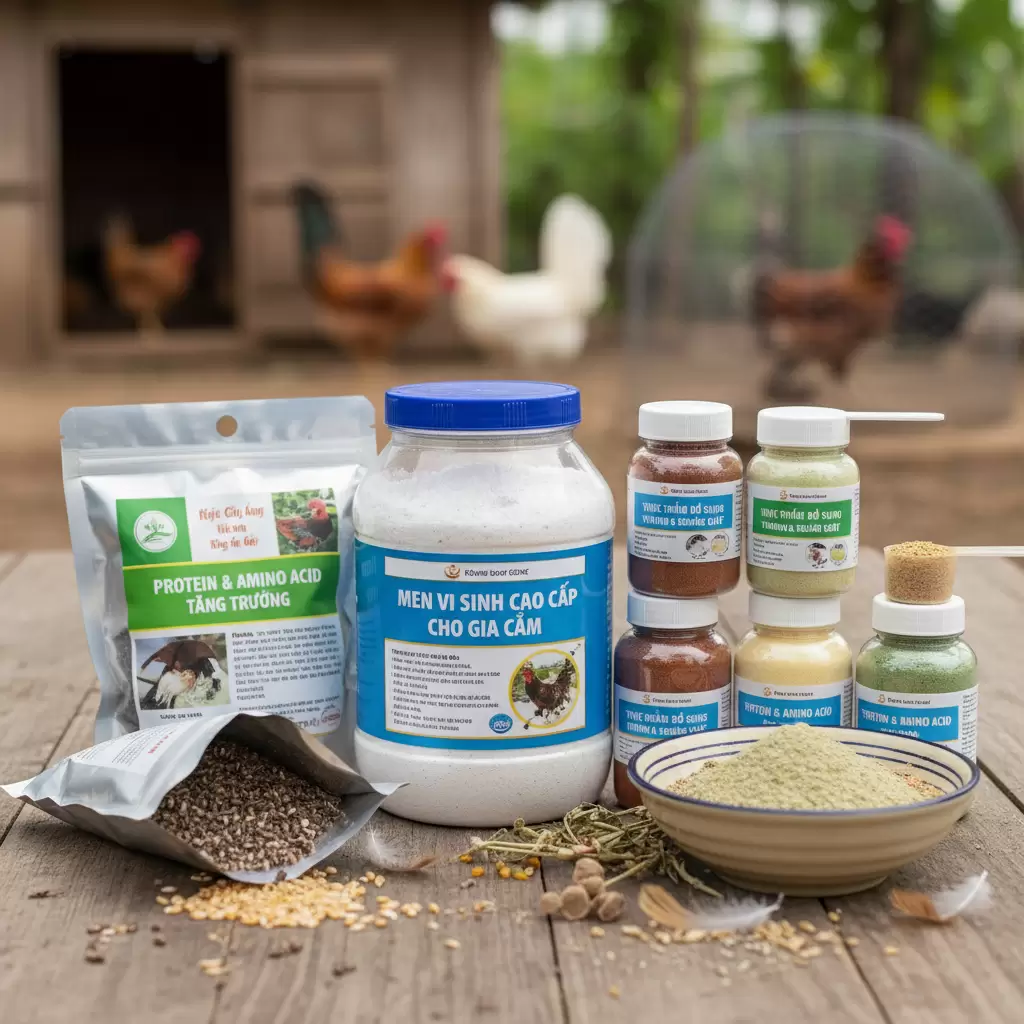 gemini_image_1770077341 Sử dụng men vi sinh giúp hệ tiêu hóa của gà hấp thụ chất dinh dưỡng tốt hơn