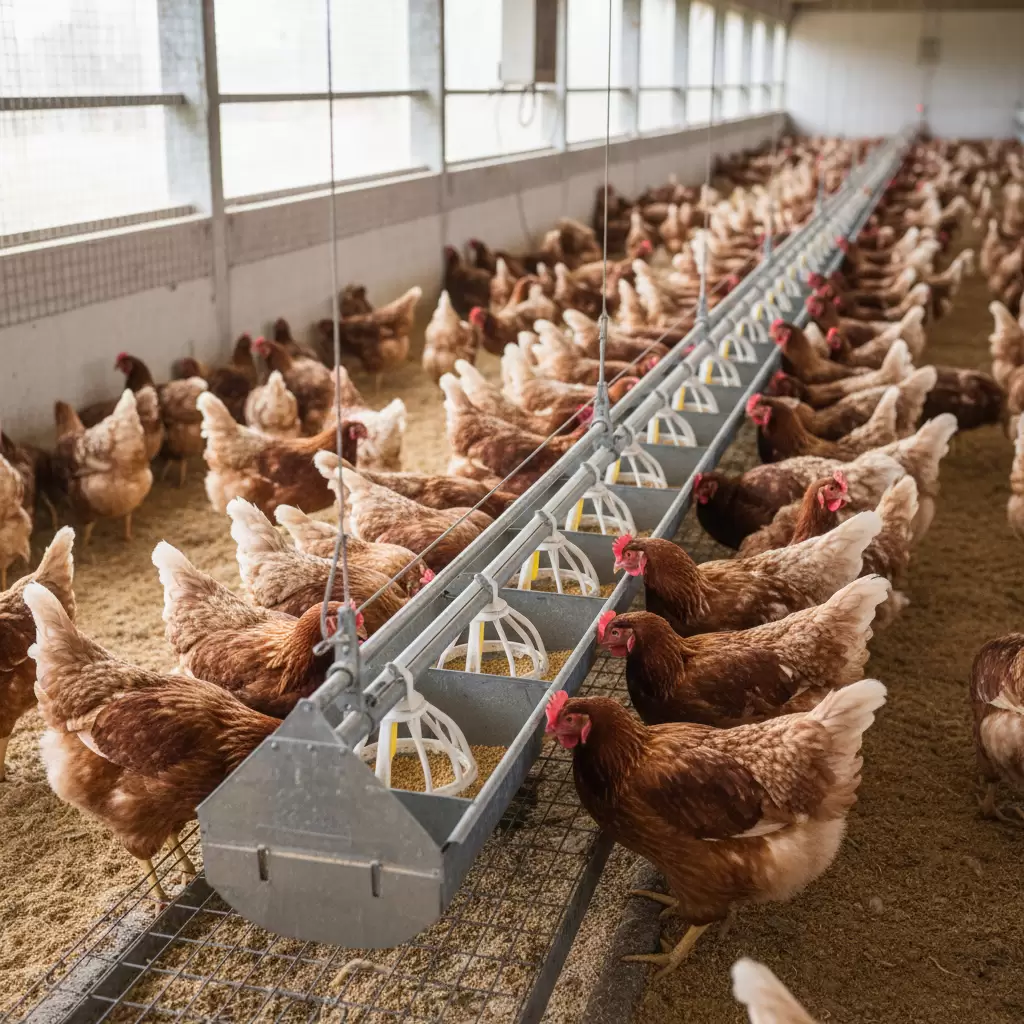 Bố trí hệ thống máng ăn và máng uống hợp lý giúp mọi cá thể trong đàn đều tiếp cận được dinh dưỡng