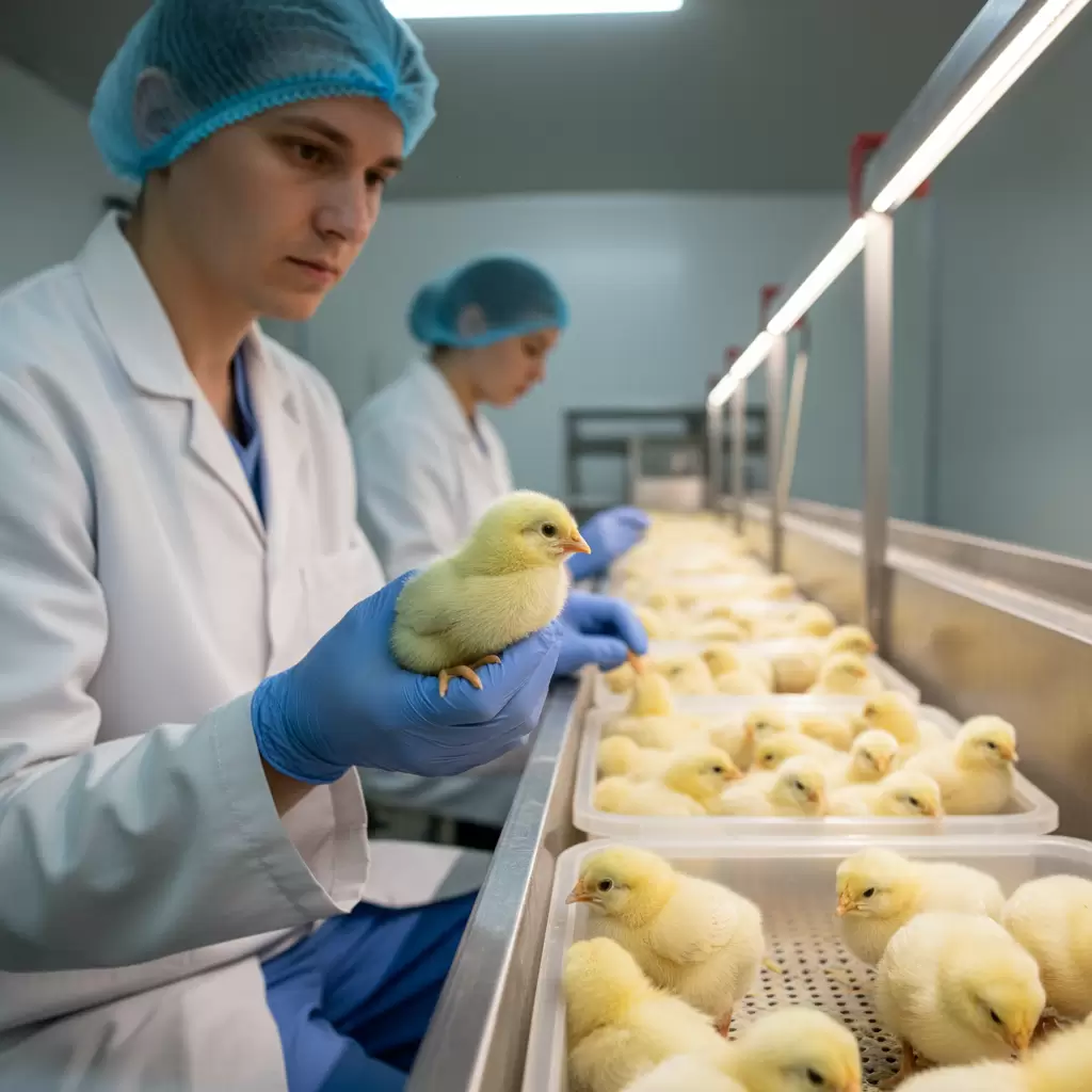 gemini_image_1770079251-1 Kiểm tra ngoại hình và phản xạ của gà con giúp loại bỏ những cá thể yếu kém