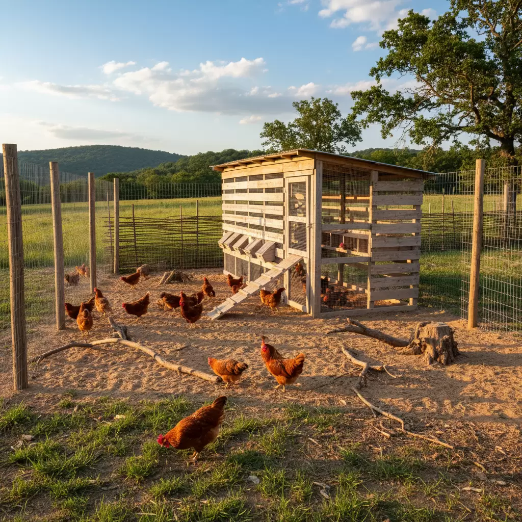 gemini_image_1770079523 Thiết kế chuồng trại kết hợp sân chơi giúp gà ri phát triển toàn diện