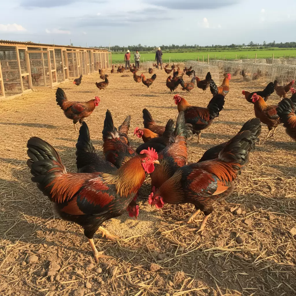 gemini_image_1770080202 Gà lai chọi sở hữu vóc dáng cao lớn và cơ bắp săn chắc phù hợp nuôi thương phẩm