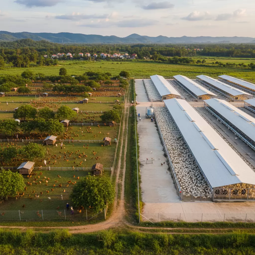 gemini_image_1770081057 Sự khác biệt rõ rệt về quy mô và hình thức giữa hai mô hình nuôi gà phổ biến
