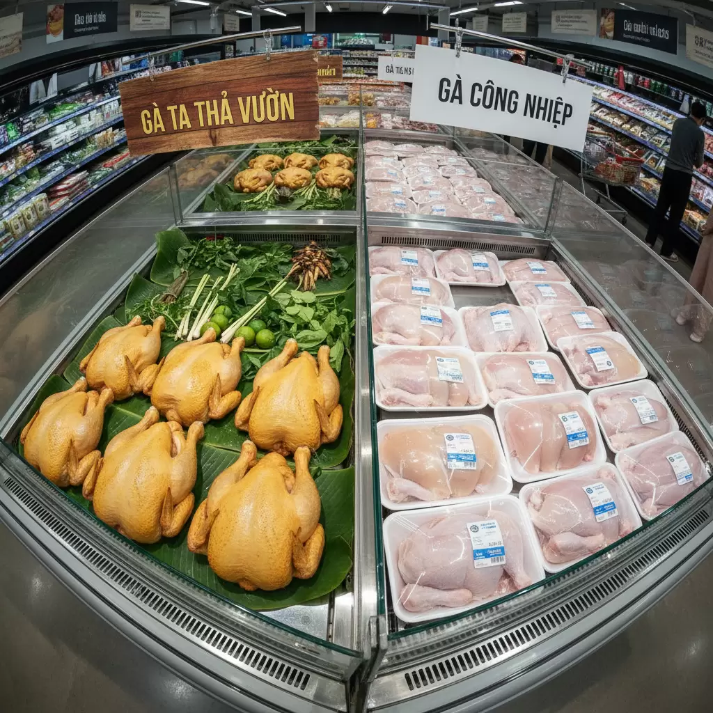 gemini_image_1770081058-1 Sự khác biệt về giá trị thương phẩm và thị hiếu khách hàng giữa hai loại thịt gà