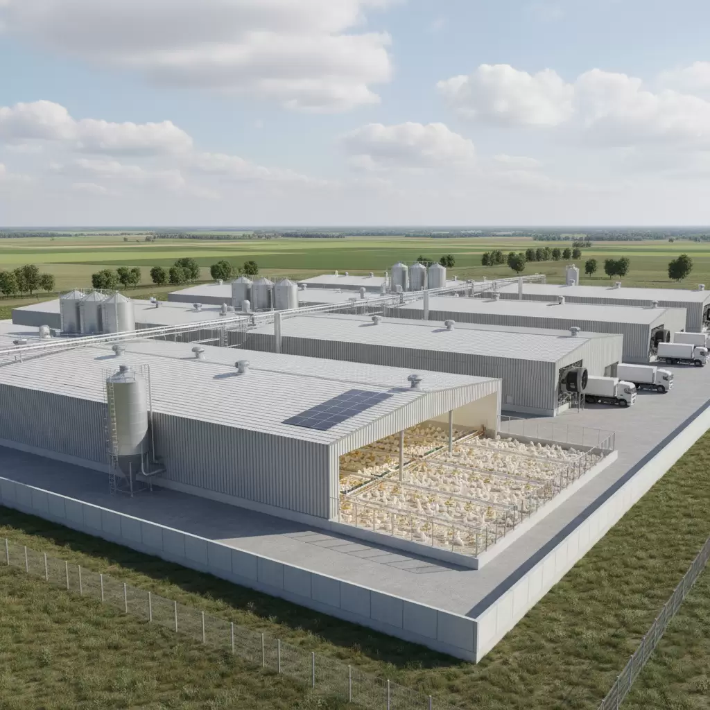 gemini_image_1770081058 Hệ thống chuồng trại hiện đại đòi hỏi chi phí đầu tư ban đầu rất cao cho mô hình gà công nghiệp