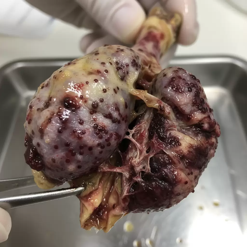 gemini_image_1770082644-1 Hình ảnh bệnh tích đặc trưng tại túi Fabricius và cơ đùi khi mổ khám gà bị Gumboro