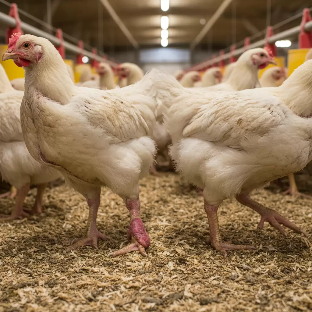 Tình trạng gà thịt bị sưng khớp chân gây ảnh hưởng nghiêm trọng đến khả năng vận động và tăng trưởng