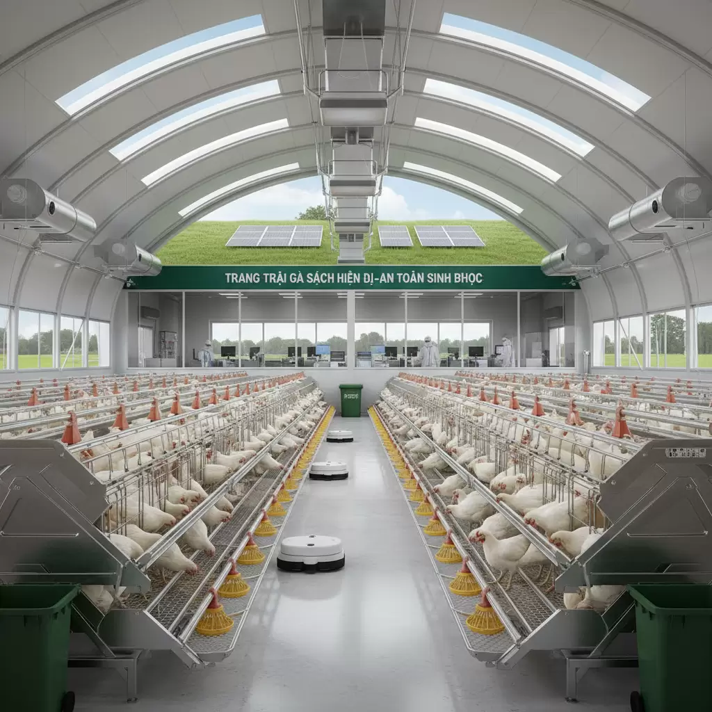 gemini_image_1770087237 Hệ thống trang trại gà quy mô lớn áp dụng tiêu chuẩn an toàn sinh học hiện đại