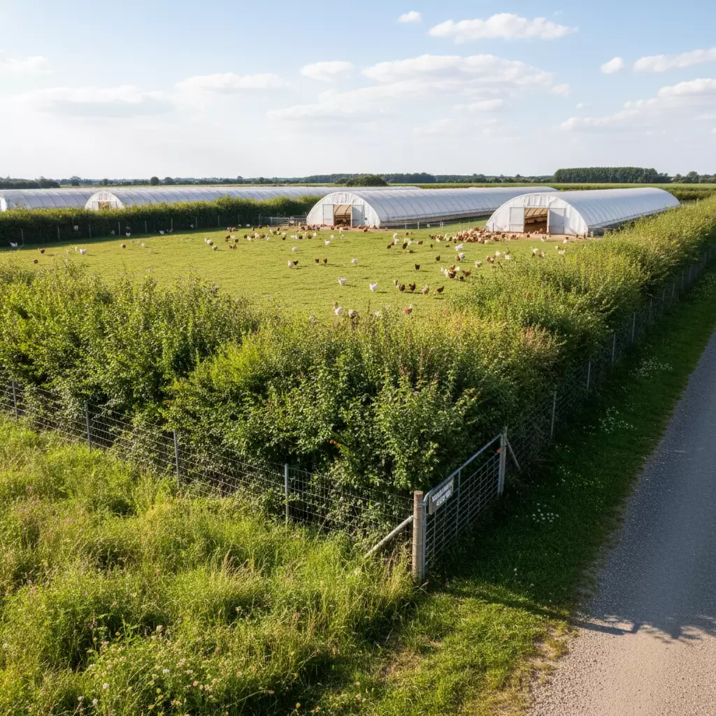 gemini_image_1770088146 Hệ thống hàng rào sinh học xanh mát bao quanh trang trại nuôi gà đạt chuẩn