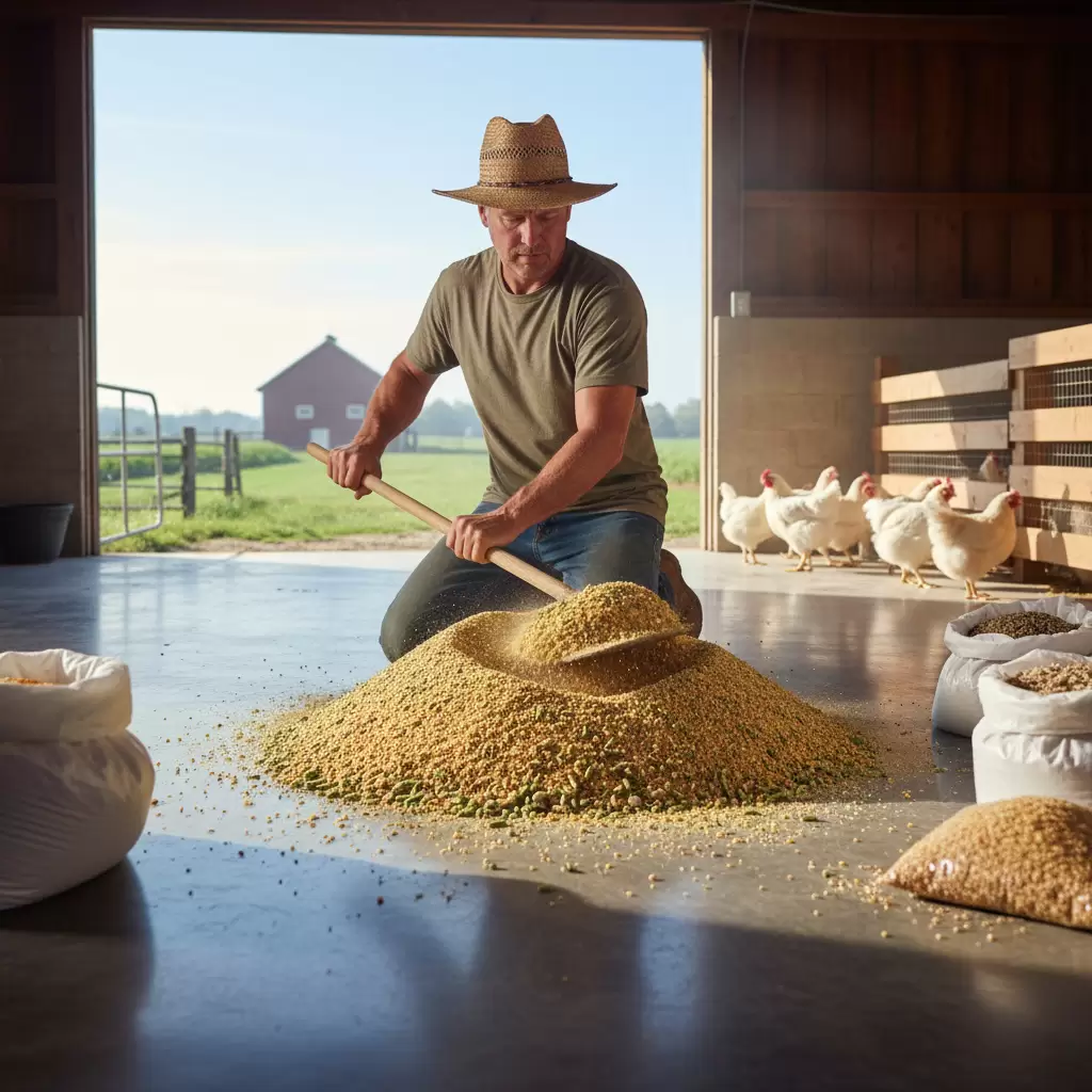 Quy trình phối trộn cám tại nhà cần đảm bảo độ đồng nhất cao để gà phát triển đều
