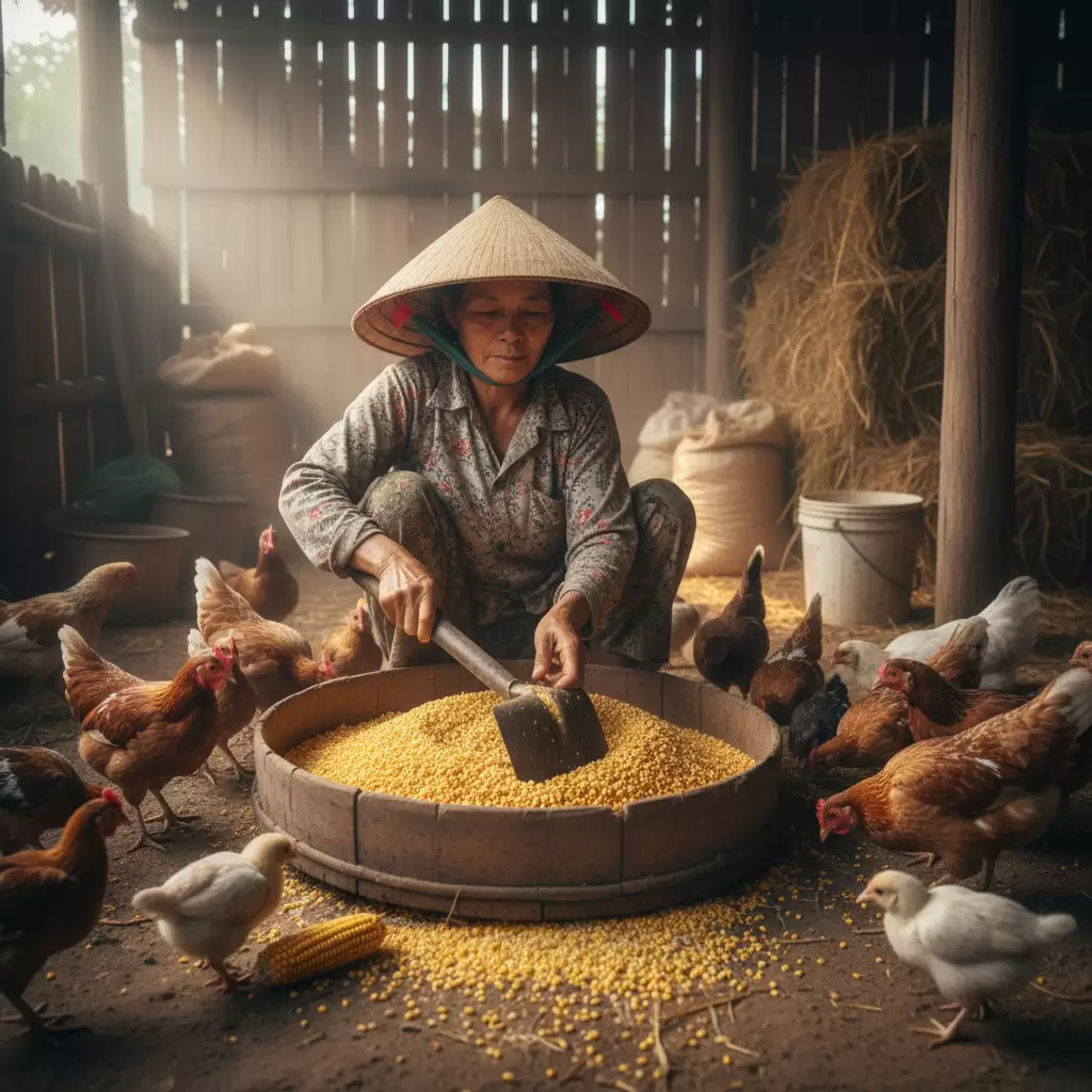 Phối trộn thức ăn đúng tỷ lệ là chìa khóa để gà ri lớn nhanh và khỏe mạnh