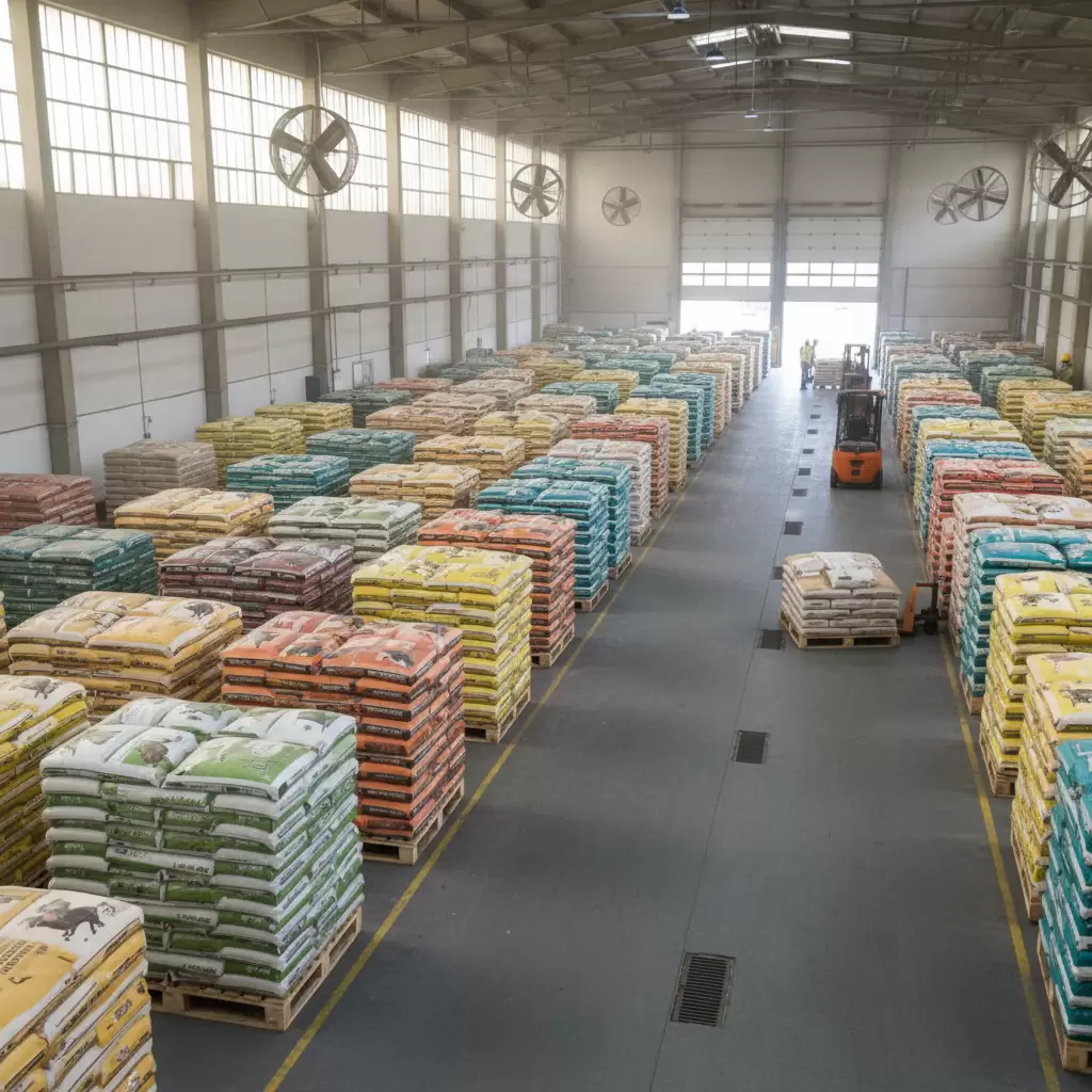 Bảo quản cám trên pallet trong kho thoáng mát để duy trì chất lượng tốt nhất