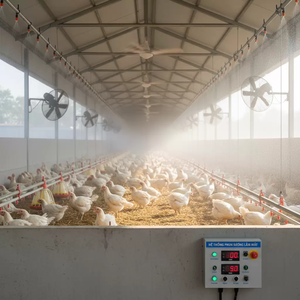 Hệ thống phun sương giúp giảm nhiệt độ chuồng nuôi từ 5 đến 7 độ C
