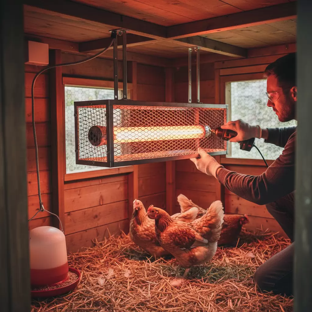 Hệ thống đèn sưởi hồng ngoại giúp duy trì nhiệt độ ổn định cho đàn gà