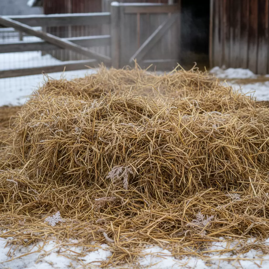 Lớp đệm lót dày bằng rơm rạ giúp giữ ấm và tạo sự êm ái cho vật nuôi vào mùa lạnh