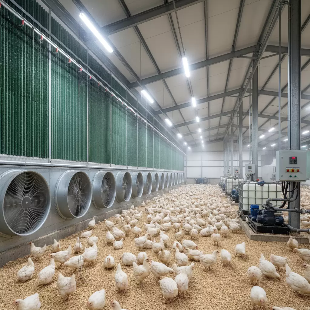 Hệ thống làm mát hiện đại giúp duy trì nhiệt độ lý tưởng cho đàn gà