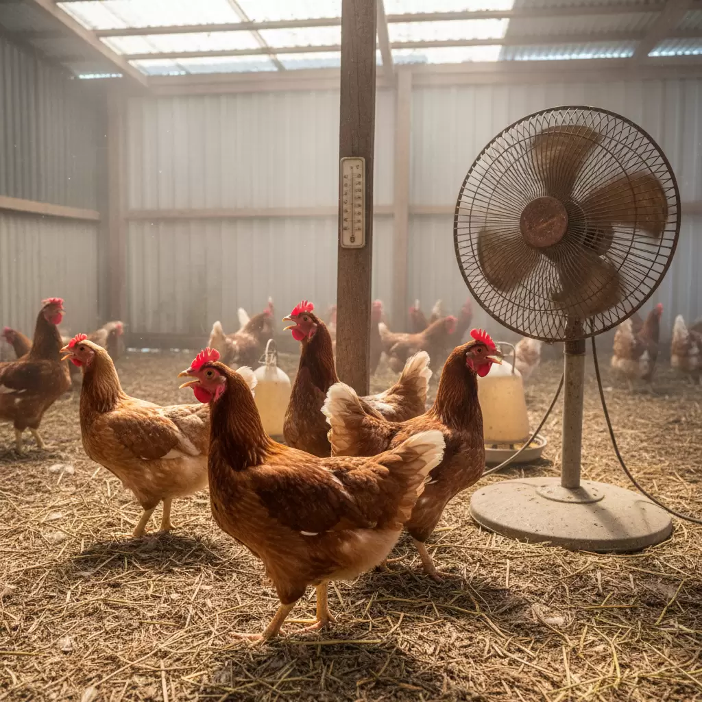 Thời tiết nắng nóng gay gắt gây áp lực lớn lên sức khỏe đàn gà