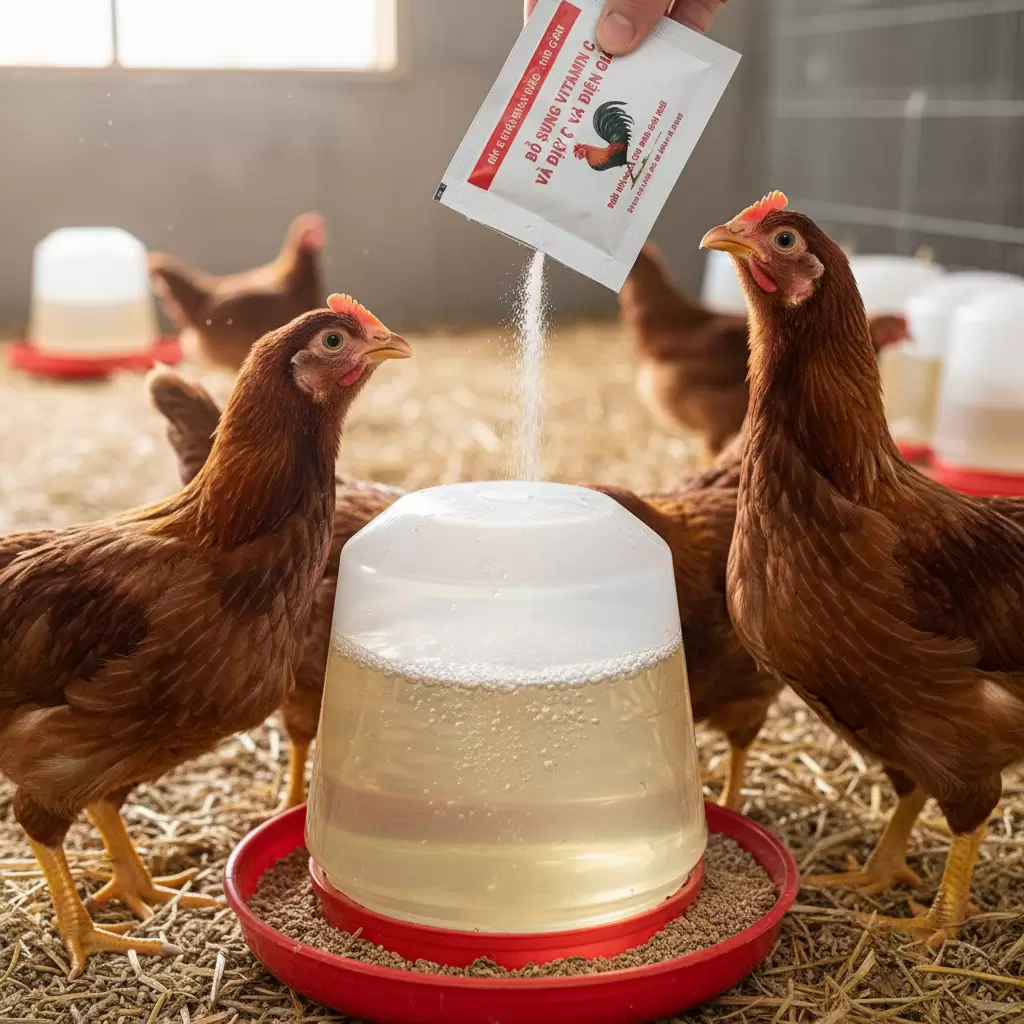 Bổ sung điện giải và Vitamin C là bước quan trọng để giúp gà hồi phục khi bị sốc nhiệt