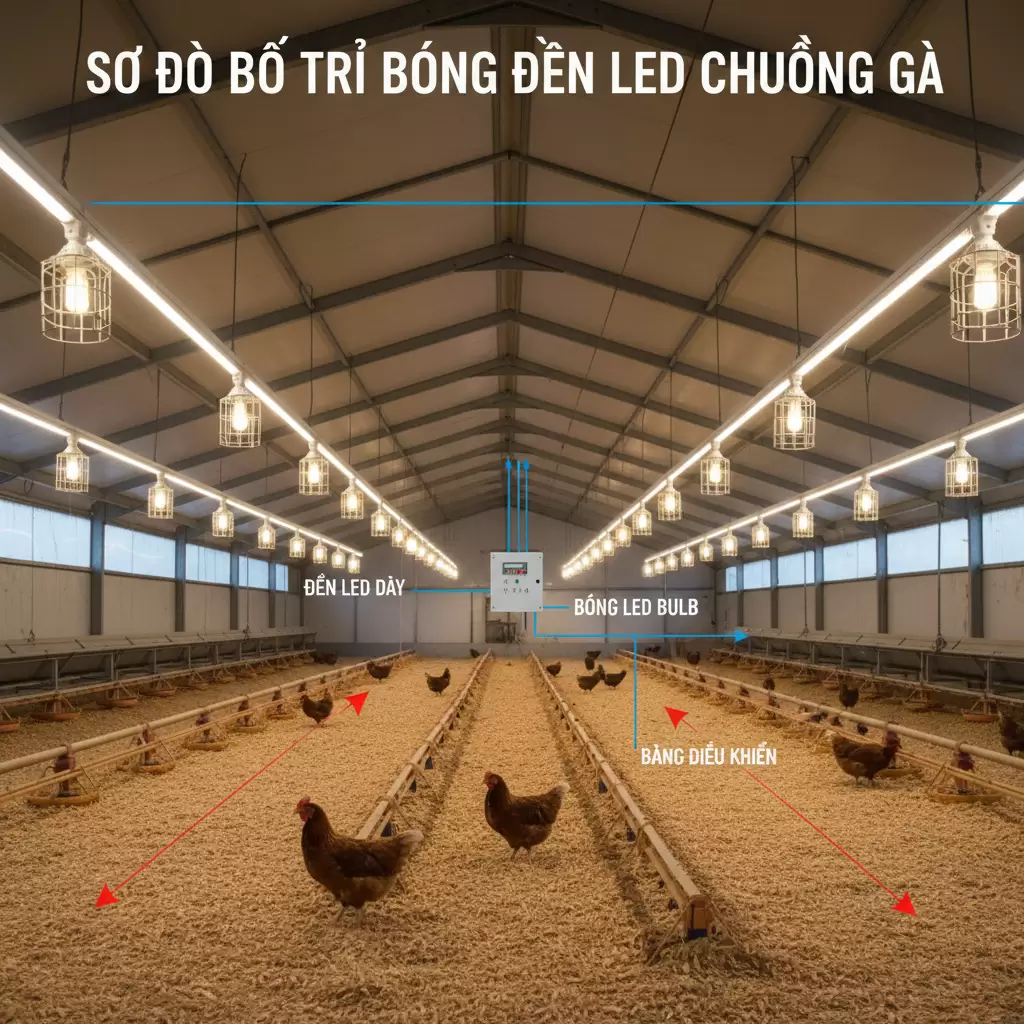 Bố trí bóng đèn hợp lý giúp ánh sáng lan tỏa đồng đều khắp chuồng nuôi